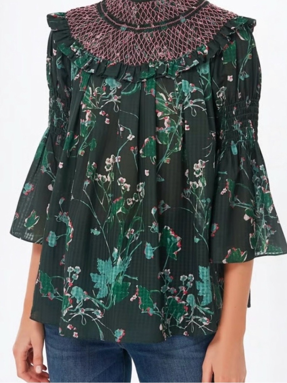 Tuckernuck Dark Green Floral Smocked Yoke Blouse with Pink Lattice Embroidery XL
